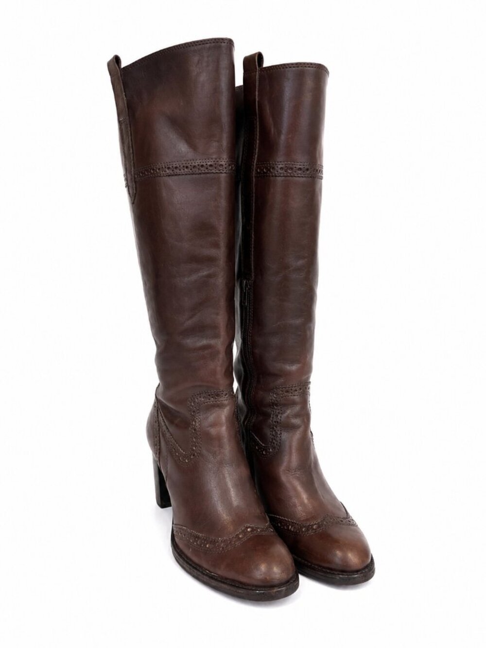 RSVP Collection Brown Leather Tall Riding Boots Size 8M Womens Brogue Detail - Picture 2 of 13